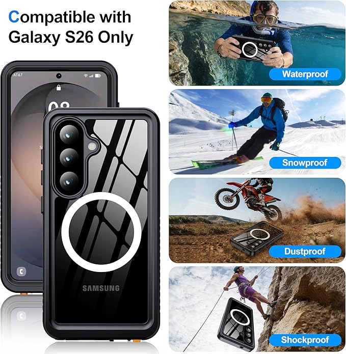 ANTSHARE for Samsung Galaxy S26 Case Waterproof, Built-in Lens & Screen Protector, [Compatible with MagSafe] Shockproof Dropproof Dustproof Full Body Phone Case for S26 6.3"-Black/Clear