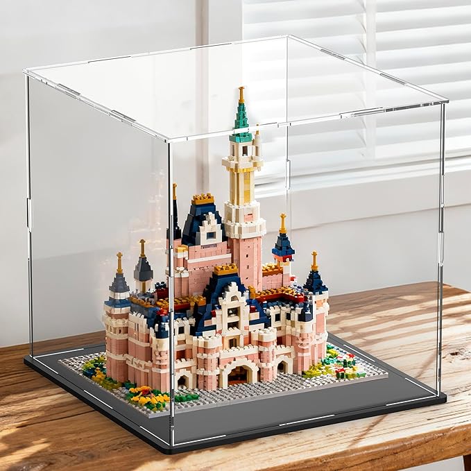SVENJBB Large Display Case for Collectibles, 13x13x13 Inch Acrylic Box for Miniature House and Figures, Clear Acrylic Display Cases with Matte Black Base for Collection Protection and Storage