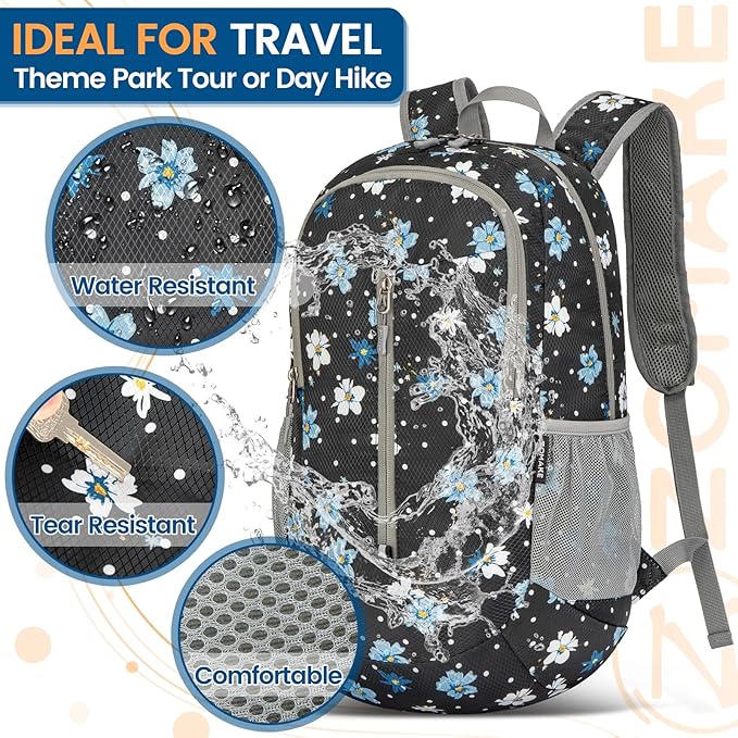 ZOMAKE Ultra Lightweight Packable Backpack 25L - Foldable Hiking Backpacks Water Resistant Small Folding Daypack for Travel(Black,Floral pattern)