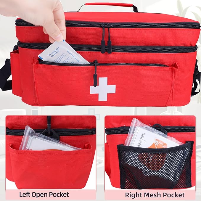 ALSLEA First Aid Bag Empty Large Medical Bag with Shoulder Strap 16”x 9½” x 7” Medicine Organizer Box Travel First Aid kit Emergency Supplies Storage Bag for Car, Home, Office, Outdoor (Red)