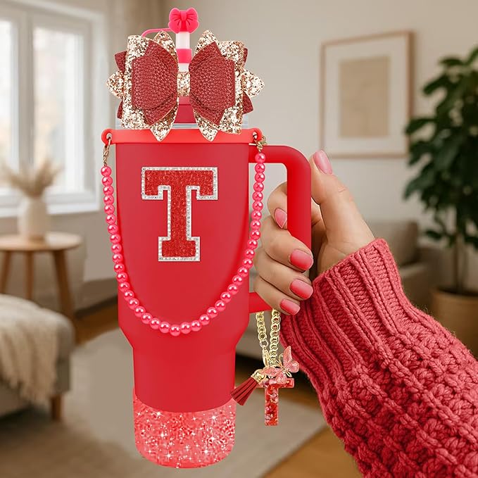 9PCS Red for Stanley Cup Accessories Set Bling Initials Bow Charms for Stanley Decorations 30/40 Oz Tumbler Accessories Including Bow Straw Topper, Handle Strap, Spill Stopper（Letter T）