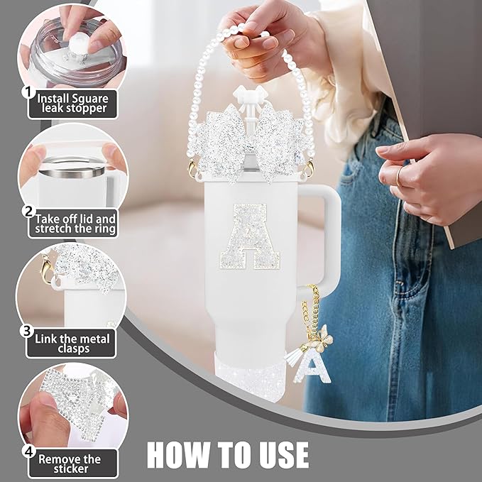 9PCS White for Stanley Cup Accessories Set Bling Initials Bow Charms for Stanley Decorations 30/40 Oz Tumbler Accessories Including Bow Straw Topper, Handle Strap, Spill Stopper（Letter C）