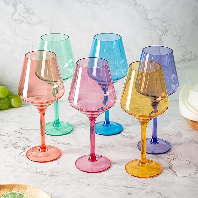 European Style Plastic Crystal, Stemmed Wine Glasses | 6 Set | Acrylic Glasses Tritan Drinkware, Unbreakable Color Shatterproof BPA-free Reusable, Outdoor, Pool Floating & Indoor, Hand Wash 15oz Gift