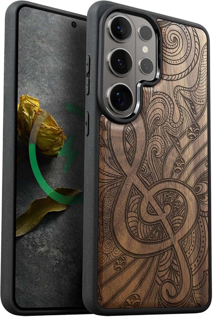 Carveit Magnetic Wooden Case for Samsung Galaxy S26 Ultra Case 2026, TPU Shockproof Cover & Wood Artisan Engraved, Compatible with MagSafe Wireless Chargers (Zen Doodle Treble Clef) Walnut