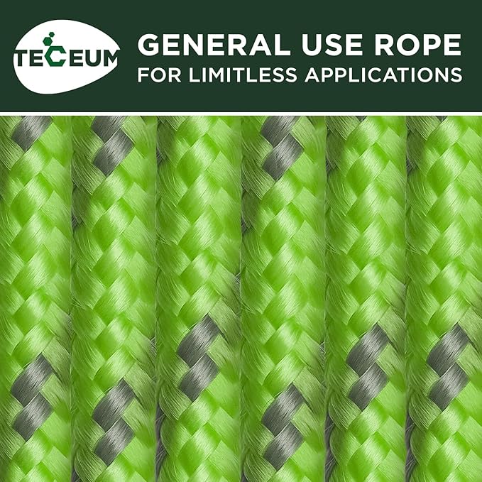 TECEUM Rope – 90 Feet x 3/8 Inch (10mm) – Green Gray – Strong All-Purpose Utility Rope – Camping, Crafting, Flag Pole, Indoor & Outdoor – Polypropylene Nylon Poly Lightweight Diamond Braided Cord