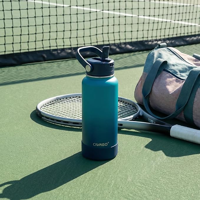 CIVAGO 40 oz Insulated Stainless Steel Water Bottle with Detachable Straw, Large Metal Water Jug with Bucket Handle, Leakproof Sports Water Flask with Silicone Boot, Dishwasher Safe, Deep Cyan