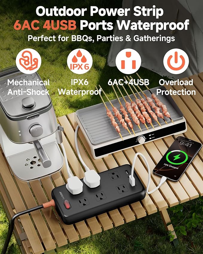 Outdoor Power Strip Waterproof IPX6, 1625W/13A, 6 Ft Extension Cord, 6 Wide Outlets & 4 USB Ports with Anti-Electric Shock, Wall Mountable for Yard, Workshop, Garage, RV