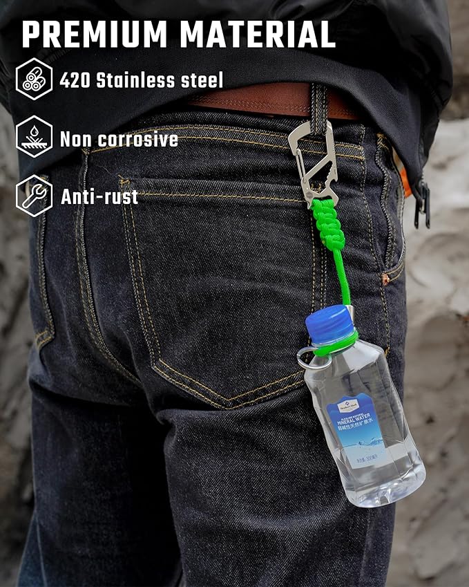 KeyUnity KC04 Paracord Keychain Carabiner Clip, Braided Lanyard with Stainless Steel Key Ring and Bead for Hanging Bottles