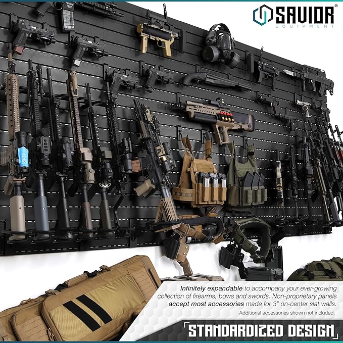 Savior Equipment Horizontal Steel Wall Mount Firearm Rifle Display Rack, Compound Bow Shotgun Carbine Gun Sword Tactical Vest Gear Hanger Free-Standing Indoor Storage Organizer, 10 Mounting Hooks