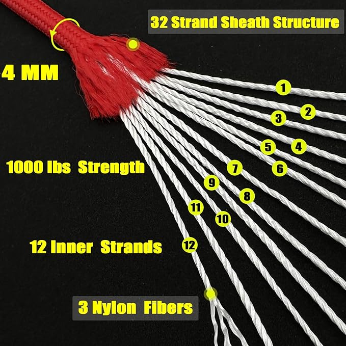VVAAGG 1000 Red Paracord100FT Utility Parachute Cord 4mm Nylon String12 Strand Nylon Camping Rope, Tent Rope, Clothsline Rope for Survival & Camping Gear