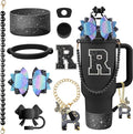 9PCS Black for Stanley Cup Accessories Set Bling Initials Bow Charms for Stanley Decorations 30/40 Oz Tumbler Accessories Including Bow Straw Topper, Handle Strap, Spill Stopper（Letter R）
