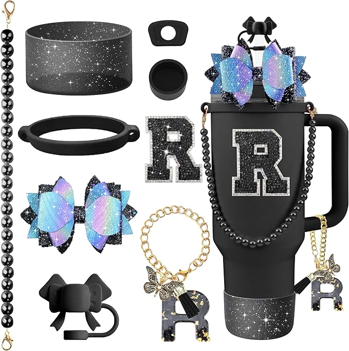 9PCS Black for Stanley Cup Accessories Set Bling Initials Bow Charms for Stanley Decorations 30/40 Oz Tumbler Accessories Including Bow Straw Topper, Handle Strap, Spill Stopper（Letter R）