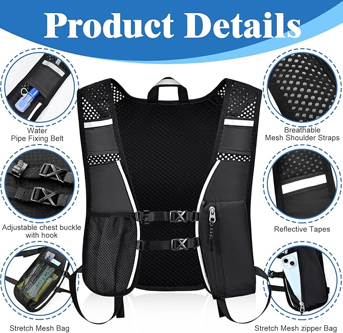 Hydration Backpack with 2L Water Bladder Bag, Lightweight and Breathable Running Vest for Men, Adjustable Chest Straps Water Pack for Cycling Hiking Climbing Outdoor