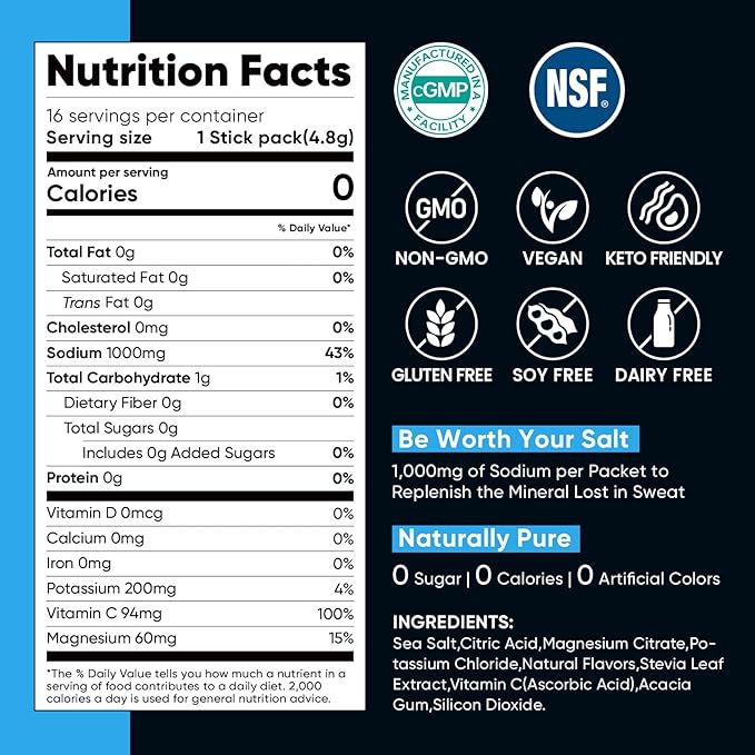 Venture Pal High Sodium Sugar Free Electrolytes Powder Packet, Zero Calories Hydration Packets with Vitamin, Sodium, Potassium & Magnesium, Electrolyte Drink Mix, Vegan, Keto Friendly, 30 Count