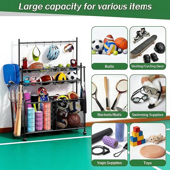 Large Sports Organizer for Garage, Ball Storage Rack Garage Sports Equipment Organizer with Side Racks, Baskets, Hooks, Multi-Purpose Golf Gear Storage for Gym Indoor Outdoor
