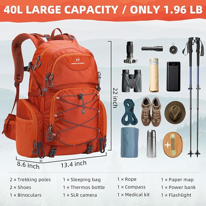 Maelstrom Hiking Backpack, 40L Waterproof Camping Daypack for Men and Women, Lightweight Travel Pack with Rain Cover (Orange)