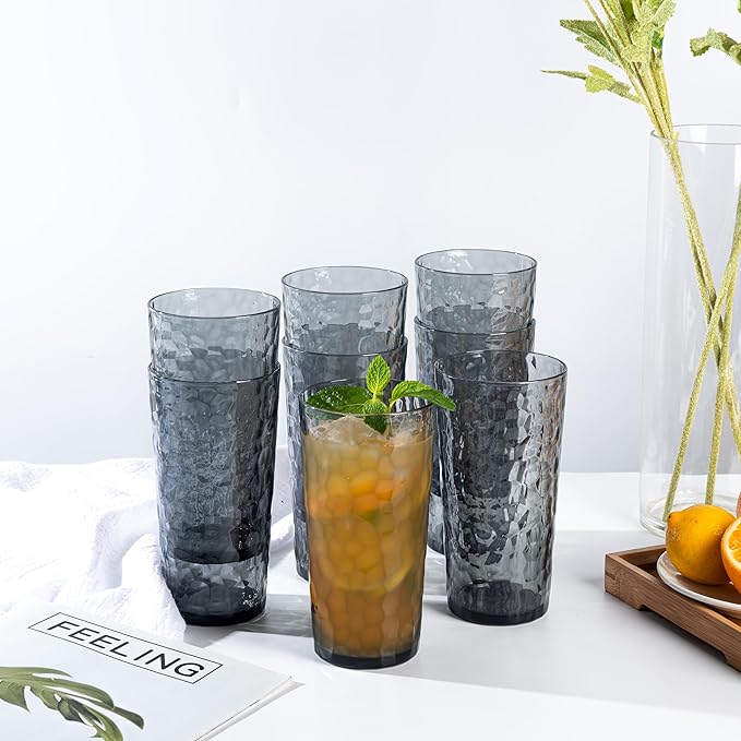 24-ounce Plastic Tumblers, Acrylic Drinking Glasses High-Balls, set of 8 Grey, Reusable Plastic Cups, Hammered Style Stackable, BPA-Free, Shatter-Proof, Dishwasher-Safe