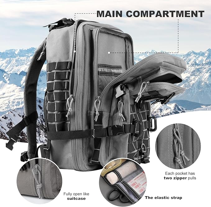 Hannibal Tactical MOLLE Assault Backpack, Tactical Backpack Military Army Camping Rucksack, 3-Day Pack Trip w/USA Flag Patch, D-Rings Grey and Black