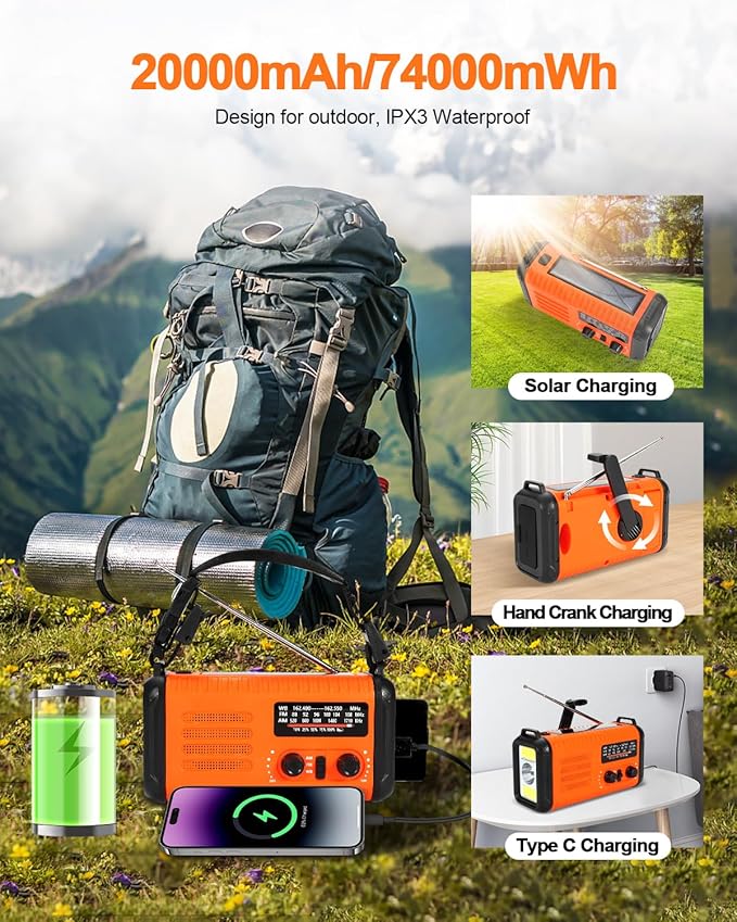 Emergency Crank Radio, 20000mAh / 74000mWh Solar Hand Crank Weather Radio with NOAA/AM/FM, Battery Powered Radio with Cell Phone Charger, Reading Lamp, Flashlight & SOS for Emergencies/Home (Orange)
