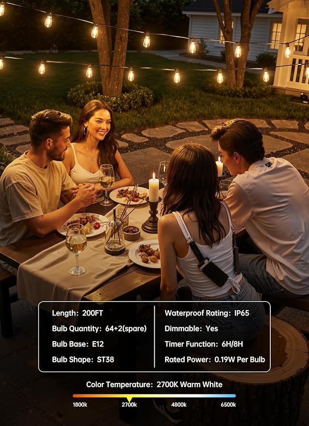 Minetom 200FT Outdoor String Lights with Remote, 64+2 Shatterproof ST38 LED Bulbs, Waterproof Patio Lights with 3 Modes, Dimmable & Connectable 2700K Hanging Lights for Backyard Porch Deck Balcony