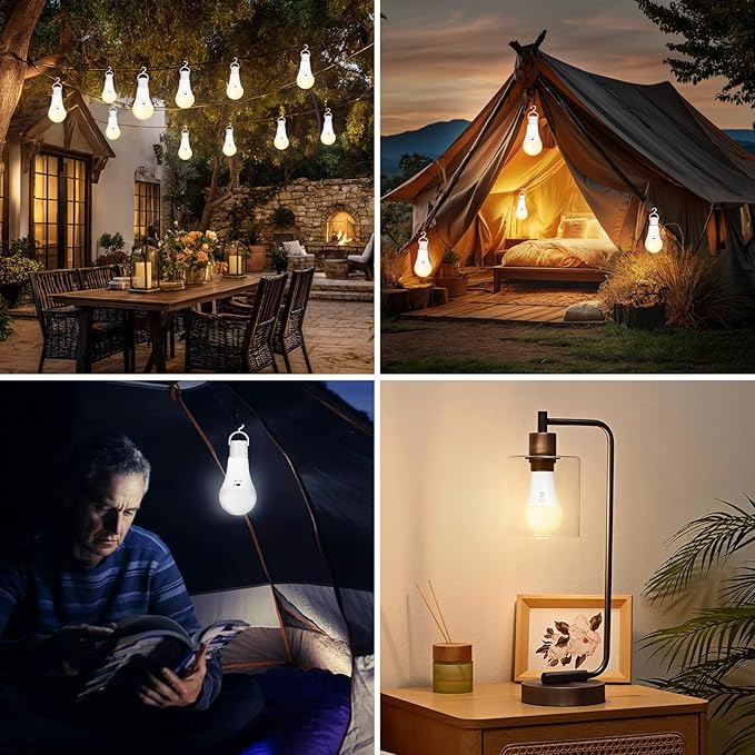 Kimjo Rechargeable Light Bulbs with Remote, Keep Lighting During Power Outage, 2600mAh Emergency Battery Operated Light Bulb with 3 Colors, Dimmable for Home, Camping, Tent (E26, with Hook),1 Pack