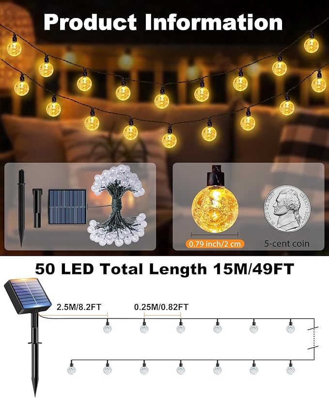 btfarm 2 Pack Solar String Lights Outdoor Waterproof, Total 98 FT 100 LED Solar Powered Patio Light, 8 Lighting Modes Crystal Globe Decorative for Garden Balcony Yard Porch Party, Warm White