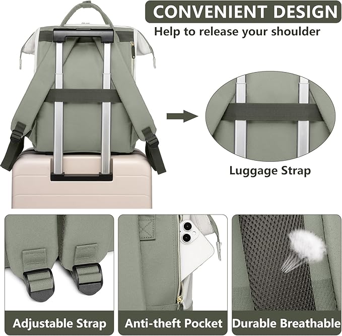 Focdod Laptop Backpack for Women Work Bag - 15.6 Inch Professional Womens Travel Backpack Purse Computer Laptop Bookbag Nurse Teacher Backpacks Waterproof Carry on Back Pack Beige Light Green
