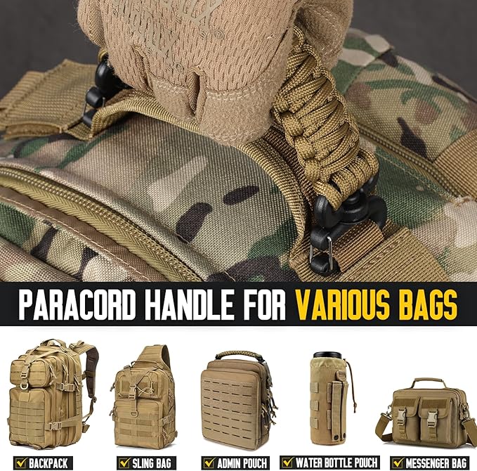 Tactical Paracord Handle，9-core Weaving Paracord Strap for Bag Strap Replacement，Molle Attachment with Metal/Plastic Clips for Backpack Sling Bags Water Bottle Holder