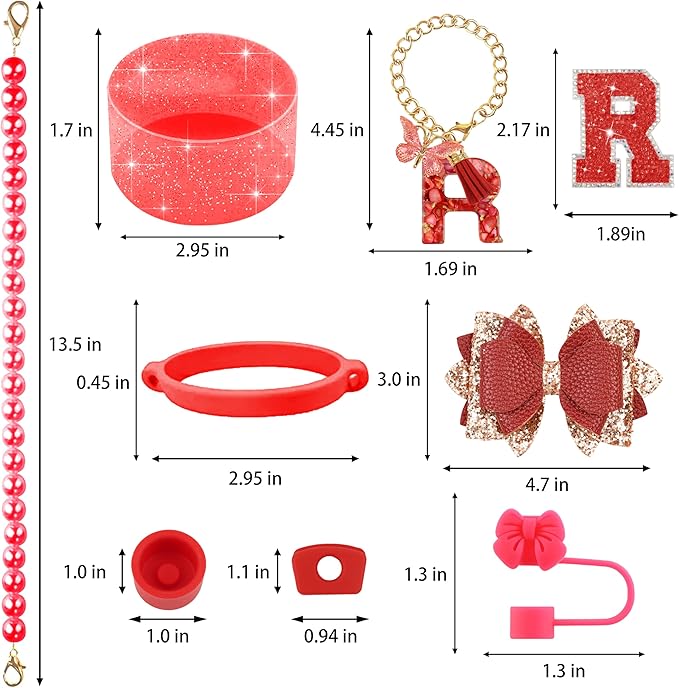 9PCS Red for Stanley Cup Accessories Set Bling Initials Bow Charms for Stanley Decorations 30/40 Oz Tumbler Accessories Including Bow Straw Topper, Handle Strap, Spill Stopper（Letter R）