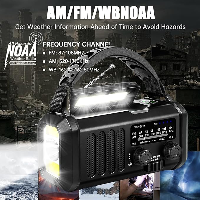 Emergency Weather Radio 20000mAh NOAA/AM/FM with 74000mWh USB/Solar/Hand Crank Charging, Battery Operated, SOS Alarm & Flashlight for Indoor/Outdoor Emergencies (Black)