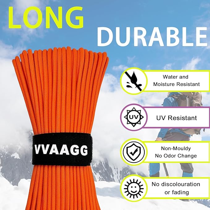 VVAAGG 1000 Orange Paracord100FT Utility Parachute Cord 4mm Nylon String12 Strand Nylon Camping Rope, Tent Rope, Clothsline Rope for Survival & Camping Gear