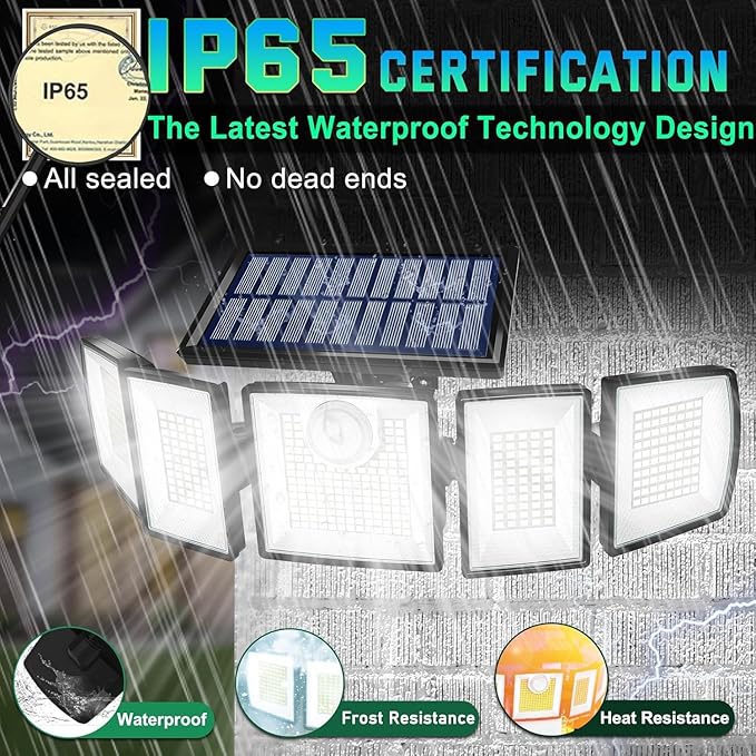 MDCMDCM Solar Lights Outdoor Waterproof Motion Sensor - 416 LEDs 3000 Lumens Super Bright 3 Brightness 3 Modes 2400mAh 360° Illumination 32ft Solar Flood Security Light for Outside (with Stakes, 4)
