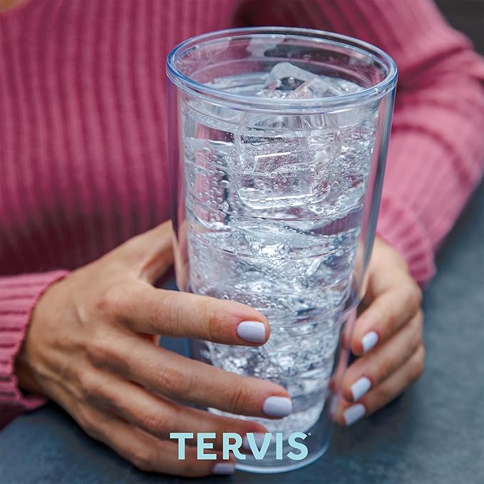 Tervis Clear & Colorful Lidded Made in USA Double Walled Insulated Tumbler Travel Cup Keeps Drinks Cold & Hot, 24oz, Clear Lid, 1 Count (Pack of 1)