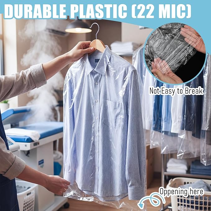 200 Pack Dry Cleaning Garment Bags, 23.6 x 35.4 Inch Clear Plastic Dry Cleaners Bags for Hanging Clothes Dust Protection Clothes Covers for Travel Moving, Home Storage (Hanger Not Included)