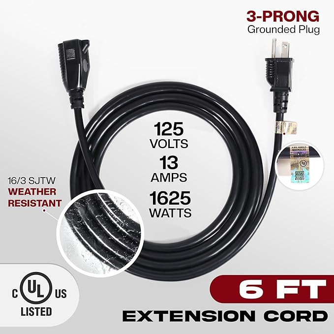 6ft Black Extension Cord, 16/3 SJTW Heavy-Duty, 3-Prong Grounded Plug, Weather-Resistant Power Strip Cable, UL Listed, 13 Amp/1625 Watt Capacity, 6-Foot Extension Cords for Indoor & Outdoor Use