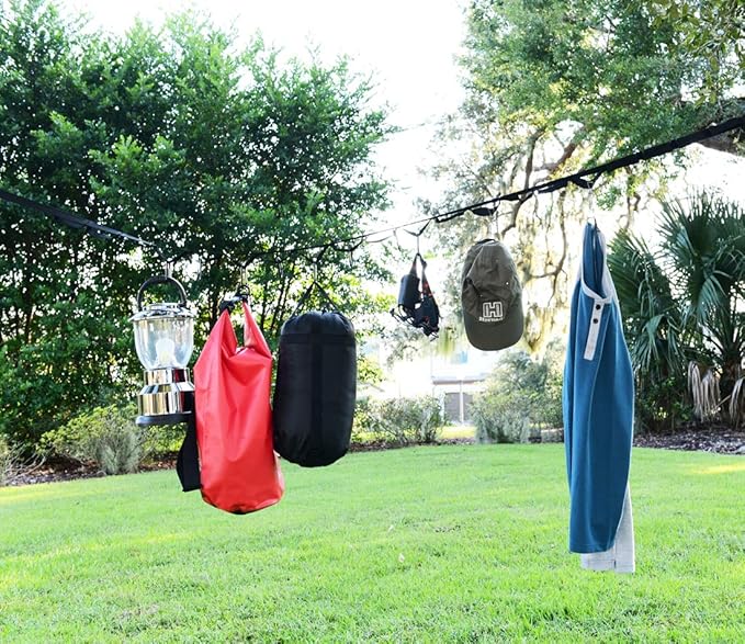 Campsite Storage Strap with 19 Separated Loops for Hanging Camping Equipment, Gear and Supplies | Includes Carabiner Hooks and Clothes Pins | Durable Campground Organizer Holds up to 150 LBS