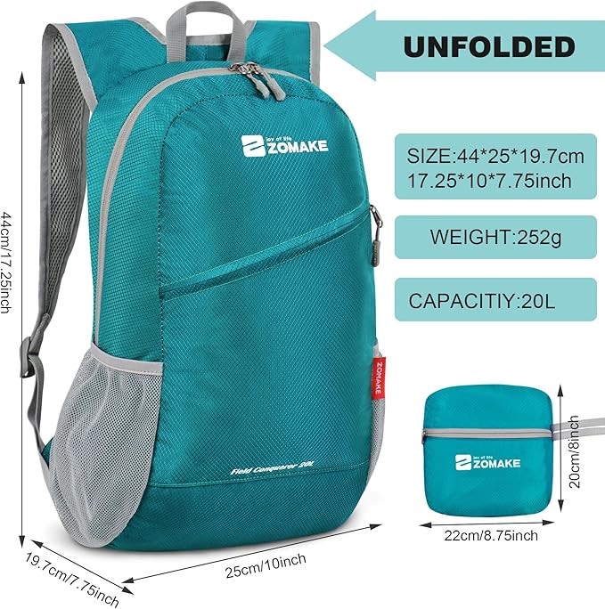 ZOMAKE Lightweight Packable Backpack, Foldable Backpacks Small Daypack for Hiking Water Resistant Day Bag for Travel(Turquoise Green)