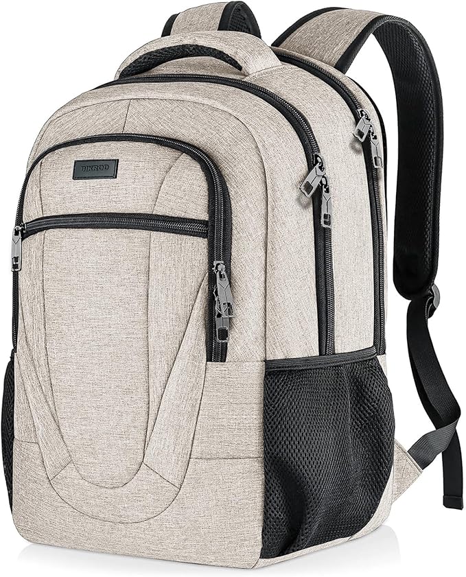 BIKROD Backpack for Women and Men, Extra Large School Backpacks for Teens, Water Resistant Back Pack with USB Charging Port Fits 17 Inch Laptop, Business Anti Theft Sturdy Computer Bag Gifts, Beige