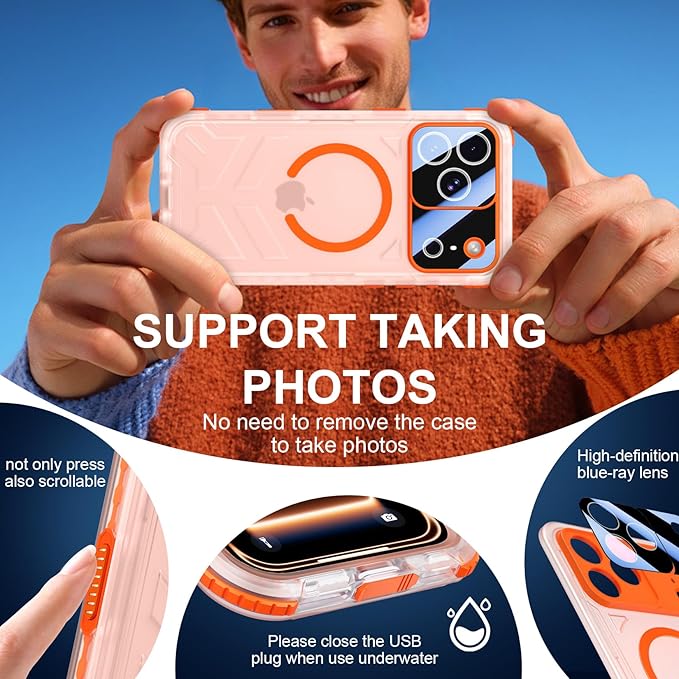 SPIDERCASE Magnetic for iPhone 17 Pro Max Case Waterproof,[Built-in Screen & Camera Protector] [IP68 Underwater] 12FT Military Shockproof, Dustproof, Anti-Scratched Phone Case,Orange/Clear