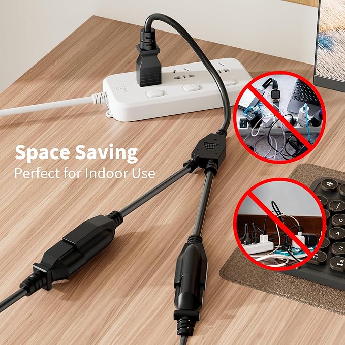 Elecan 3-Prong Y Splitter Power Extension Cord 1 FT/2 Pack, Straight Plug 1 to 2 Way Outlet Space Saver, Heavy Duty Weatherproof SJTW, 16AWG 13A, 5-15P Cable Extender for Indoor Outdoor-UL