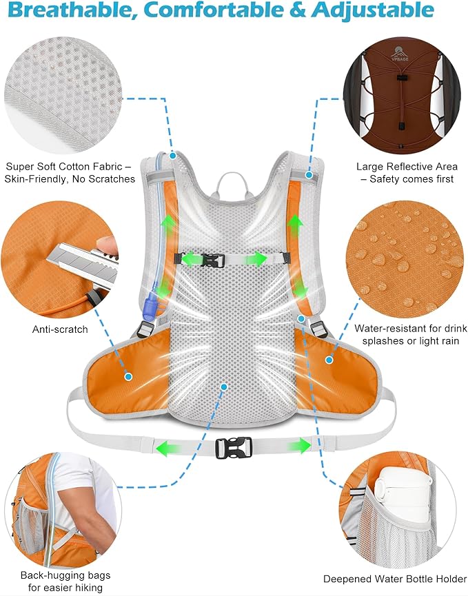 Hydration Backpack with 2L Water Bladder - Lightweight 15L Daypack with Phone-Sized Hip Belt Pockets, Anti-Chafe Cotton Edging & No-Bounce Straps - Small Water Backpack for Hiking, Running, Skiing