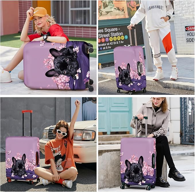 ANNA QUEEN French Bulldog Luggage Cover, Cute Black Dog with Pink Flowers Suitcase Protector, Stretchable Washable Travel Sleeve for 32-34 Inch Luggage
