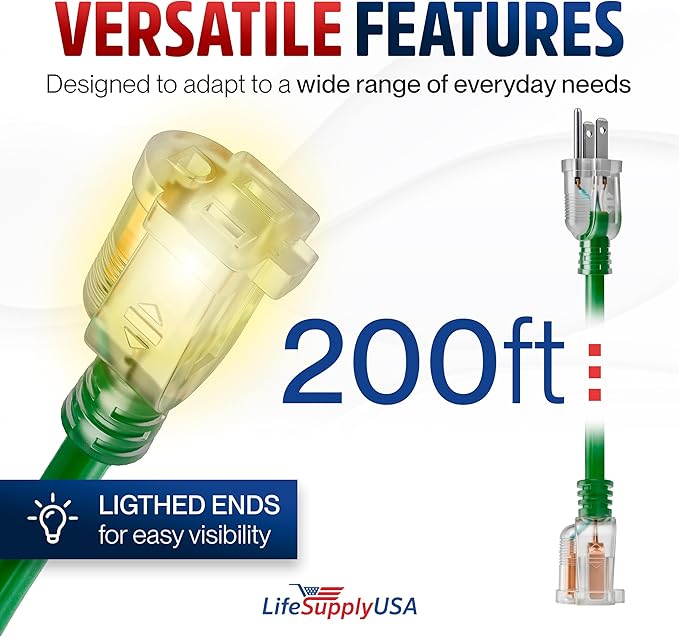 200ft Outdoor/Indoor Extension Cord 12/3 Gauge Extra Heavy Duty 3 Prong SJTW, Waterproof, Flexible Cold-Resistant Long Power Cord,8A 125V 1000W, Green by LifeSupplyUSA