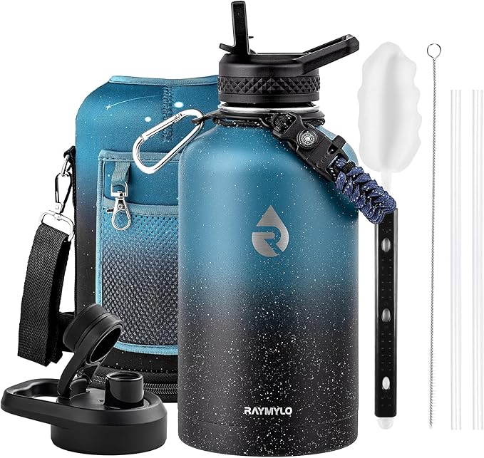 RAYMYLO 64oz Insulated Water Bottle, Triple Wall Vacuum Stainless Steel Water Bottles - Keeps Cold 48H, Reusable Half Gallon Jug for Gym, Sports, Camping, Hiking,Travel, Starry Sky-Indigo/Black