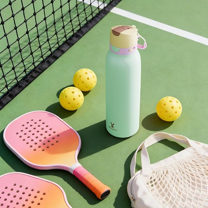 Meoky 24 oz Slim Insulated Water Bottle: Leak Proof Locking Lid, 2-in-1 Straw and Spout, 24 Hours Cold, Top Handle, BPA Free, Stainless Steel Water Bottle for Adults Teens Sports Travel, Lime