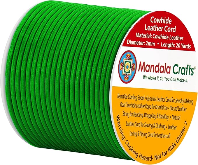 Mandala Crafts Round Genuine Green Leather Cord for Jewelry Making – 2mm Cowhide Leather Rope String Lace for Kumihimo – 20 Yards Cowhide Craft Cording Spool