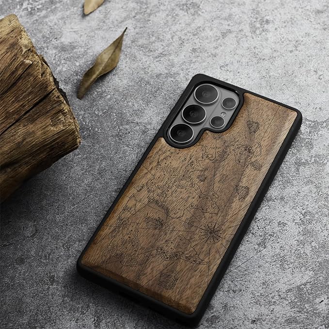 Carveit Magnetic Wooden Case for Samsung Galaxy S26 Ultra Case 2026, TPU Shockproof Cover & Wood Artisan Engraved, Compatible with MagSafe Wireless Chargers (World Map) Walnut