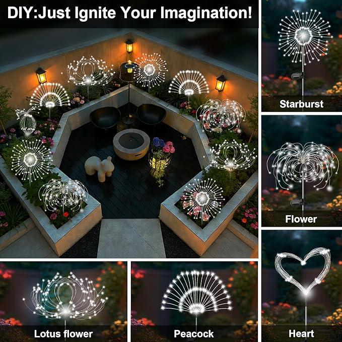 Solar Garden Lights Outdoor, 4 Pack 120 LED Twinkling Firework Lights Decorative with 2 Modes, Outdoor Waterproof Solar Starburst Light for Yard Pathway Planter Patio Decor, White
