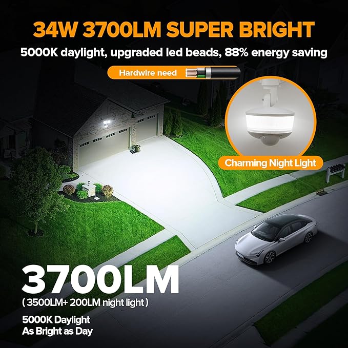 LUTEC 34W 3700 Lumen LED Security Lights Motion Sensor Light Outdoor with Night Light, 5000K IP65 Waterproof, Dusk to Dawn, Hardwired Motion Detector Flood Light for Garage, Yard-White Night Light