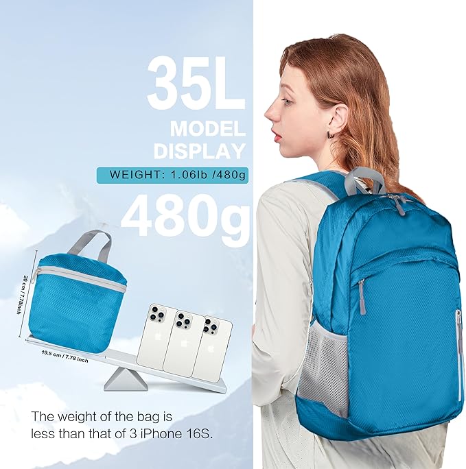 Waterproof Foldable Backpack Dry Storage Lightweight Daypack 35L Outdoor Backpack for Beach Men Women Blue